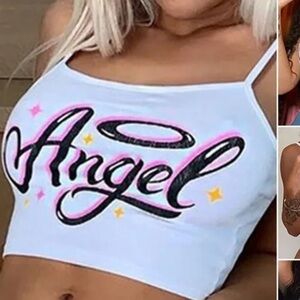 Fashion Nova White Crop Top with Pink and Black Design